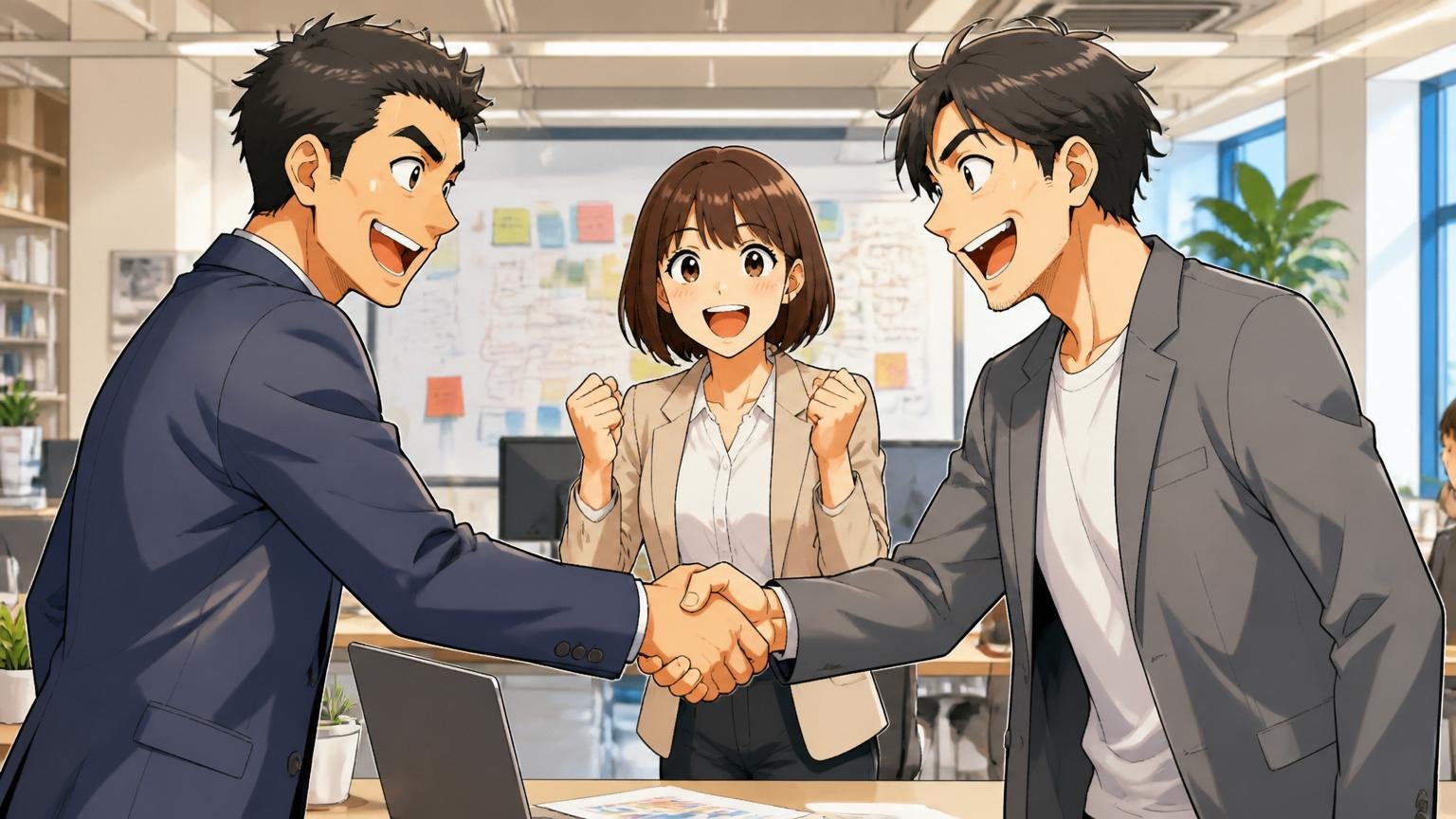 Web系企業のオフィスで男女ビジネスパーソン3人が握手を交わし、戦略パートナーシップの締結を喜んでいる