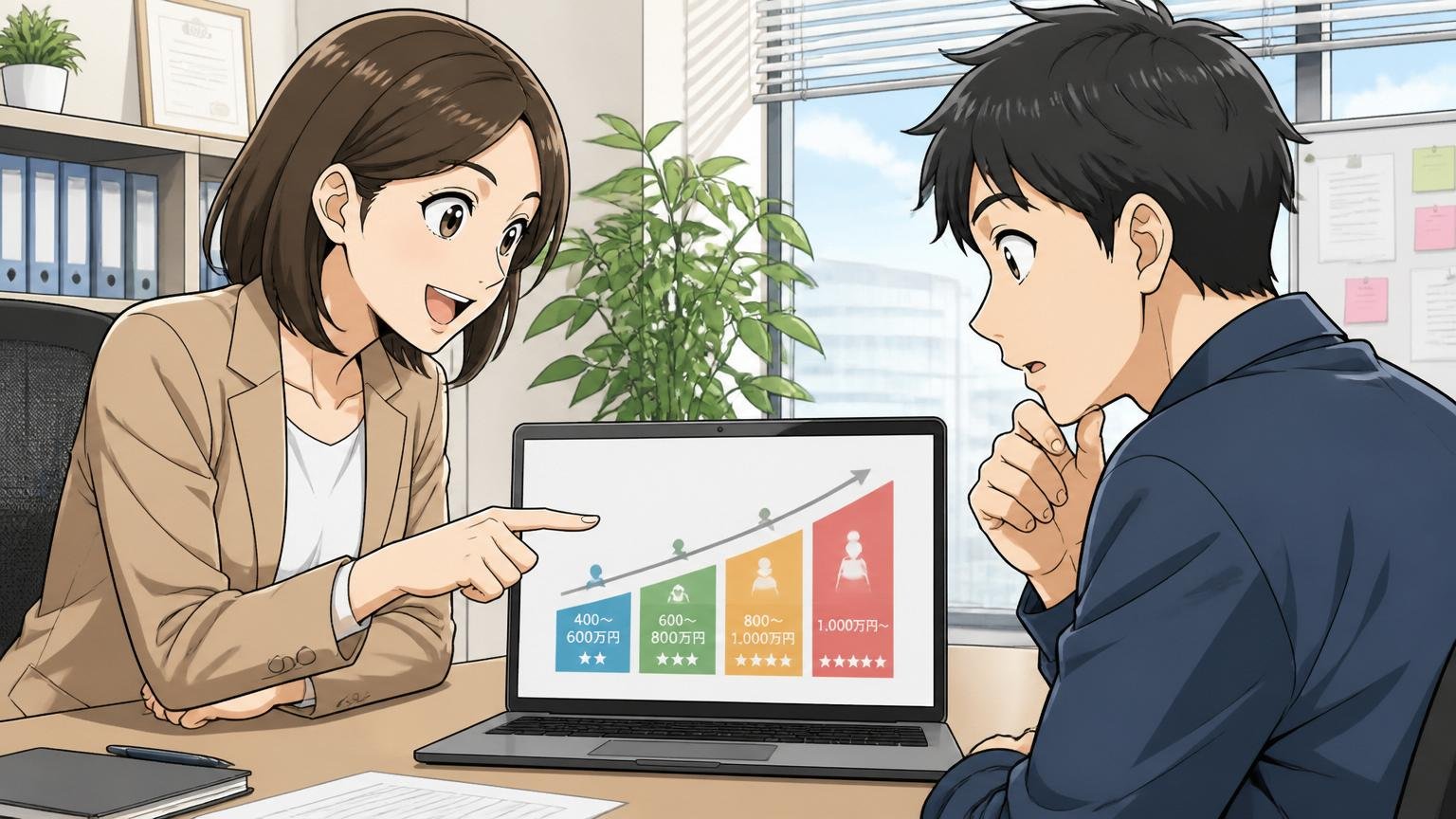 自分の市場価値を確認してから動く、企業のオフィスで30代女性エージェントと20代男性エンジニアがキャリア面談、PCで年収レンジを確認する場面