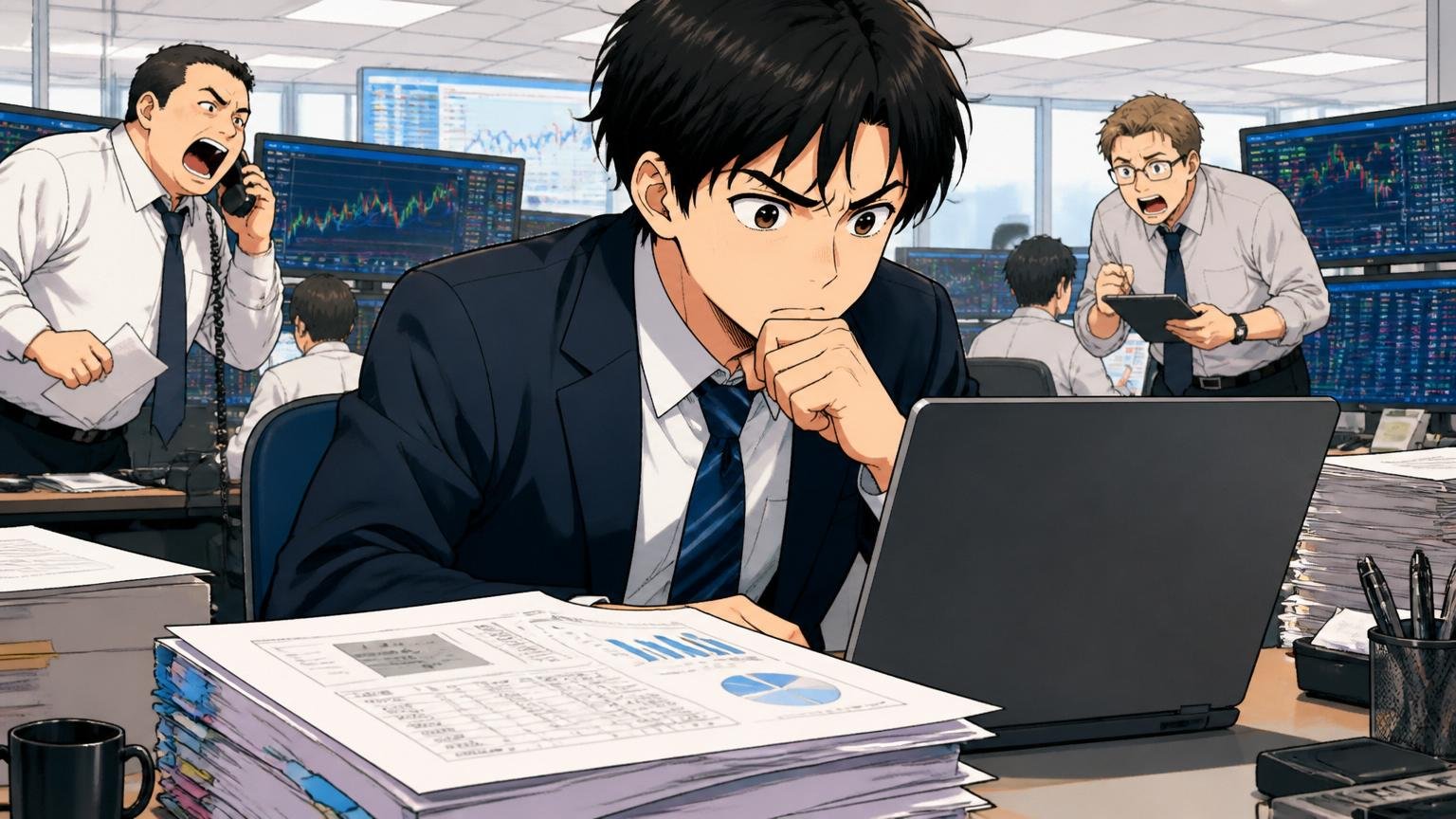 投資銀行のフロアでノートPCを開き有価証券報告書の年収数値を確認する金融アナリスト