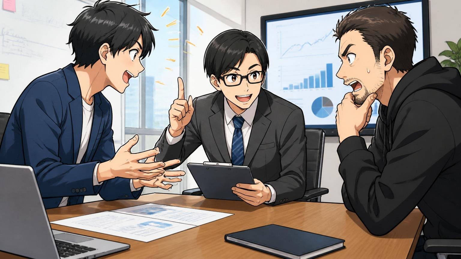年収交渉はエージェント経由で進めるのが基本。Web系スタートアップの会議室でエージェントを介して年収交渉する場面のシーン