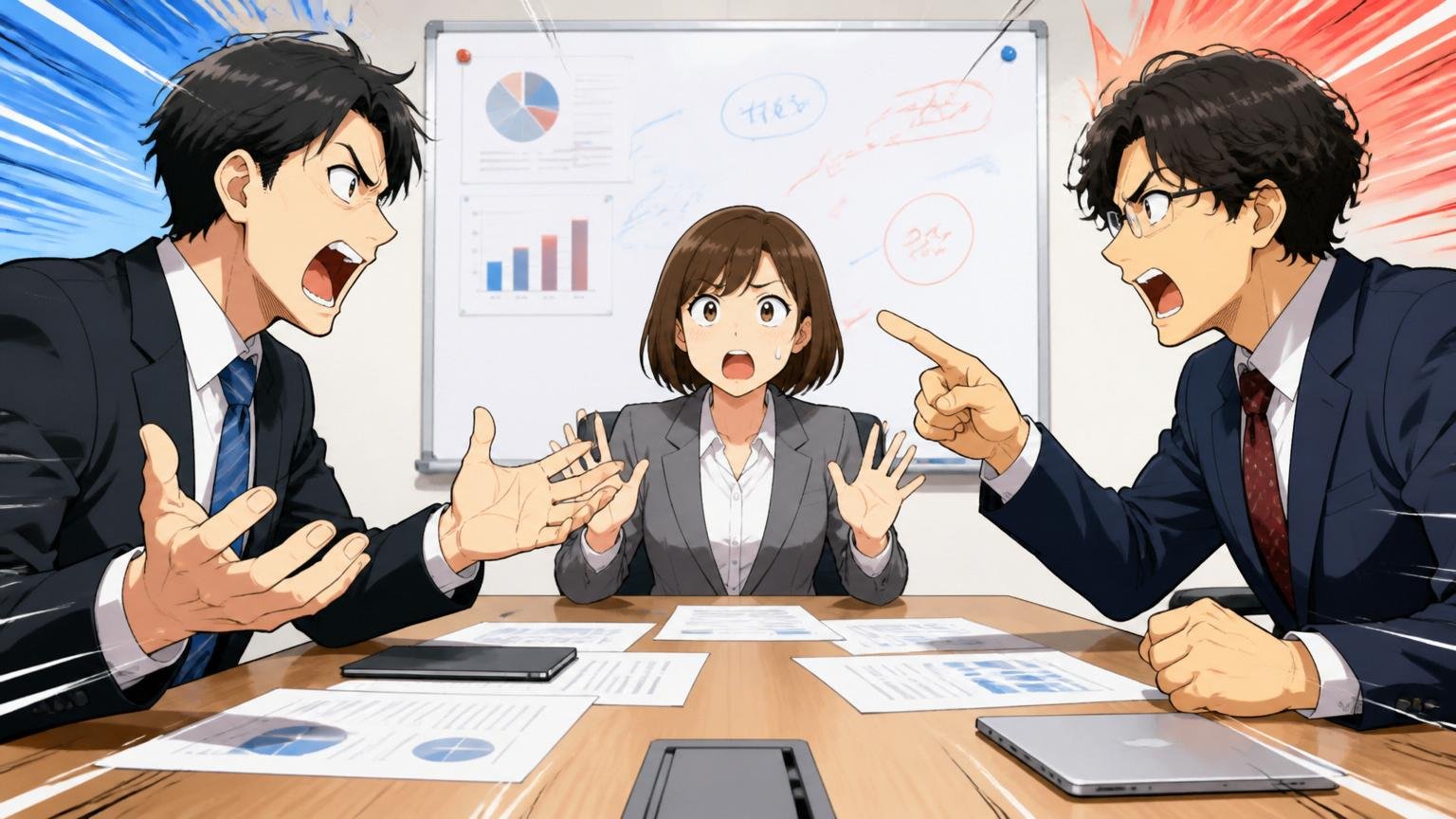 やばい派とやばくない派を分けるもの|オフィスの会議室で異なる意見を出し合う3名の20代後半ビジネスパーソン、議論が白熱する表情
