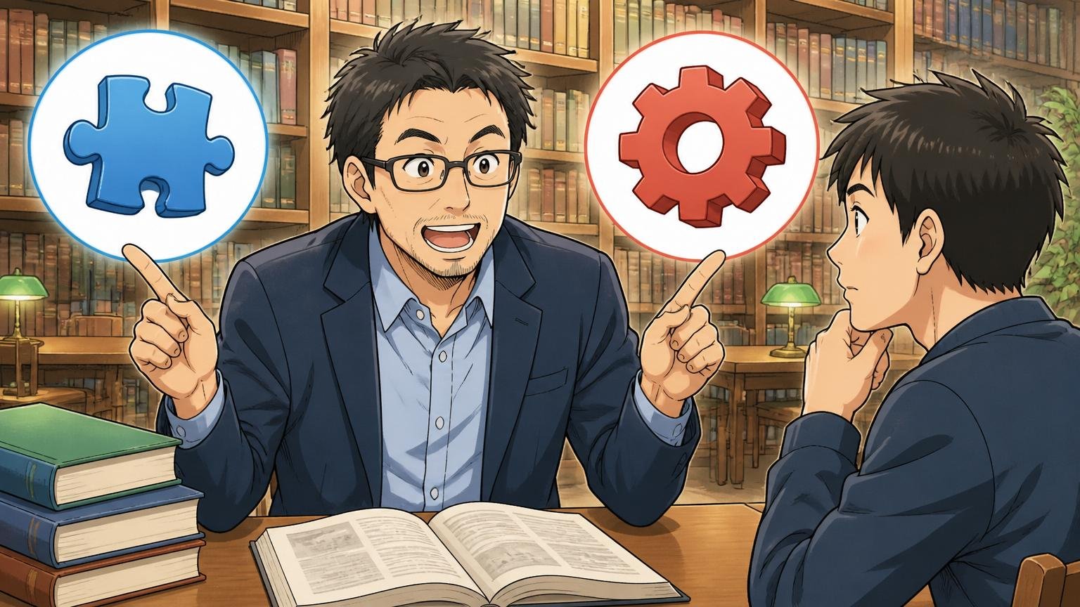 両者を混ぜずに評価する。図書館のような落ち着いた場所で40代男性メンターが2つの要因を分けて説明する