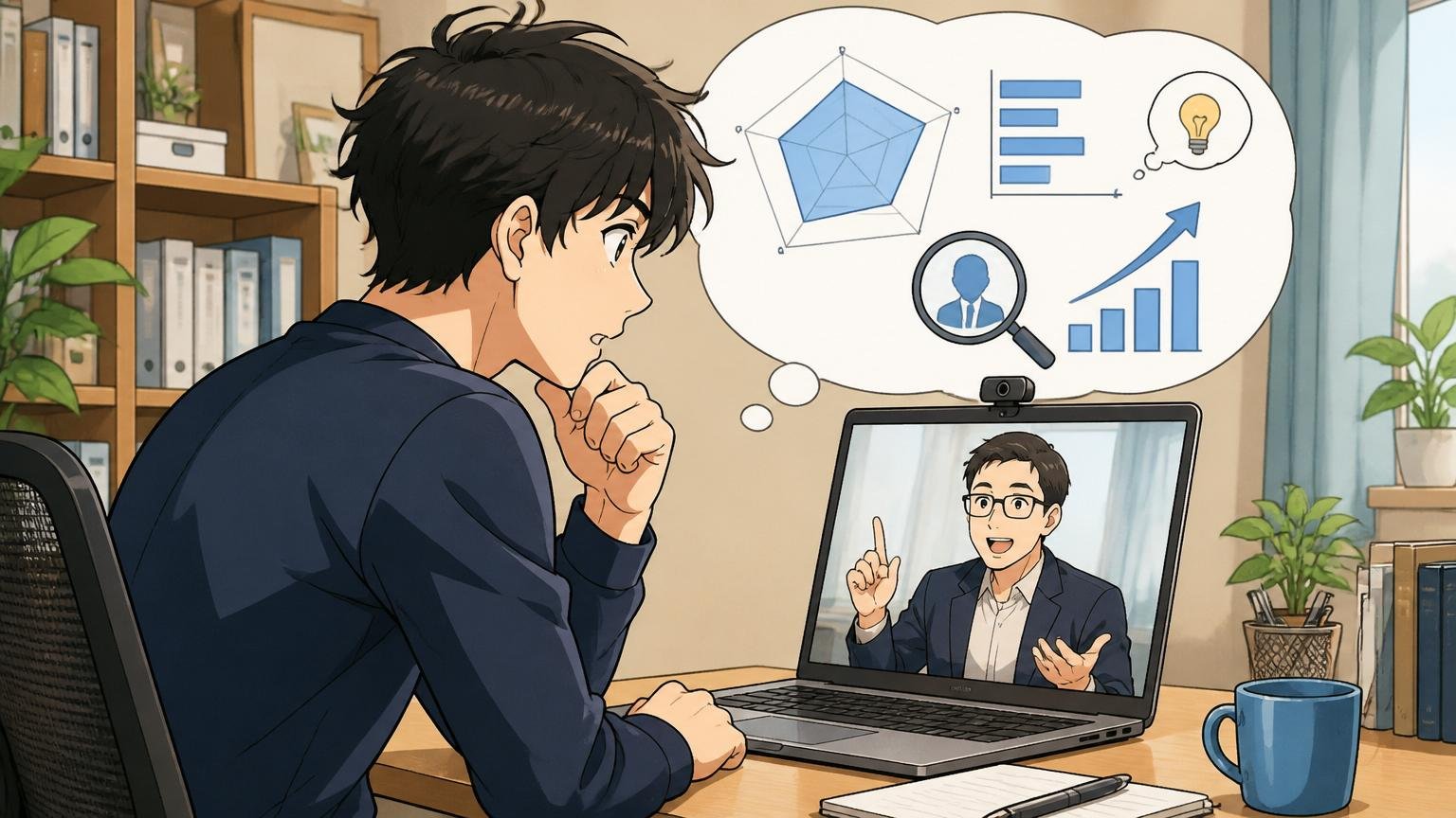 迷っている人がまずやるべき市場価値の客観化 自宅のデスクで30代男性エンジニアがオンライン面談する場面