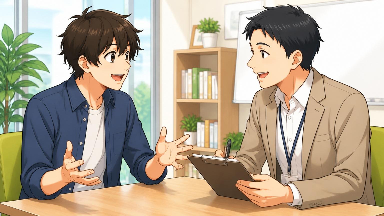 一人で抱えず無料のプロに相談する。明るい面談スペースで男性エンジニアとキャリア相談員が向き合い笑顔で話している様子