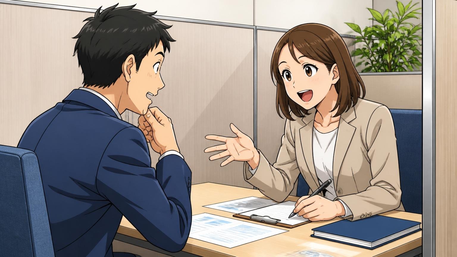 辞める前に市場価値を確かめる。面談ブースでキャリア相談に乗るアドバイザー女性と30代男性が向かい合い話す