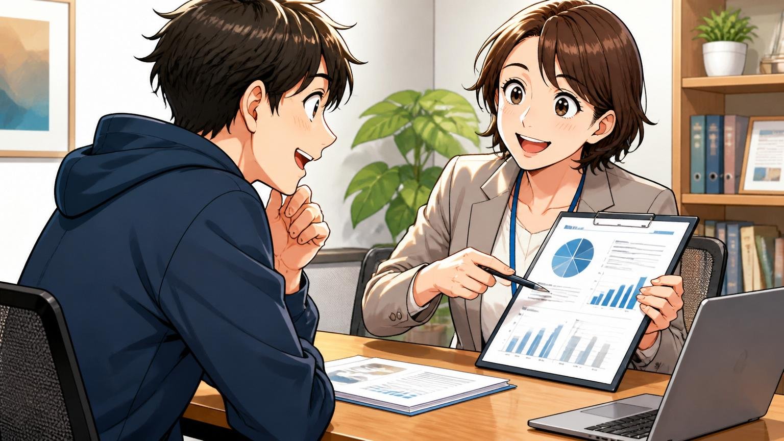 内部事情や年収レンジはプロに無料で聞くのが最短。企業の面談スペースでキャリアアドバイザーがエンジニアに資料を見せ笑顔で助言