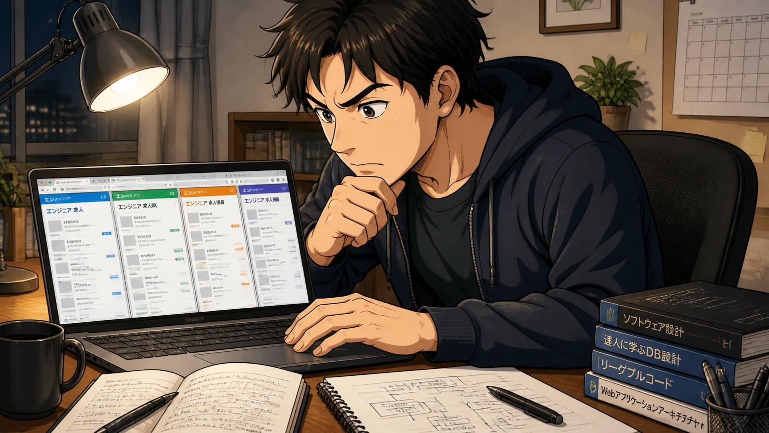 自宅のデスクでノートPCを開き複数の転職エージェントの求人画面をブラウザのタブで並べて比較検討する30代エンジニアの集中した夜のシーン