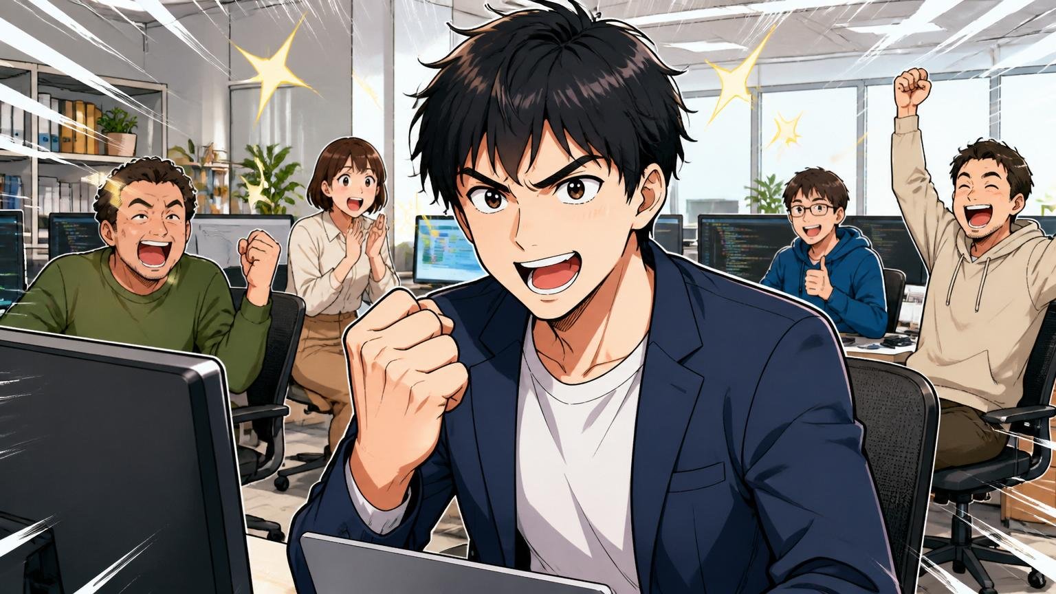 年収アップに強いIT特化型転職エージェント3選、Web系オフィスで30代男性エンジニアが握り拳で決意の表情