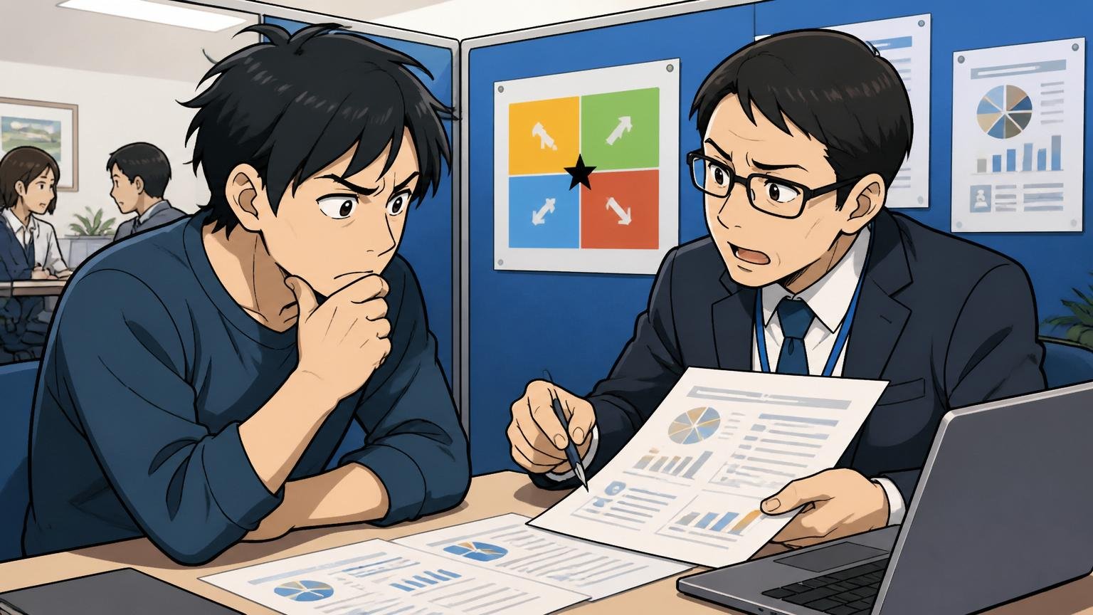 中間象限の人はどうすべきかを表す転職エージェントとの面談ブースで30代エンジニアと専門アドバイザーが資料を見ながら話し込む真剣な様子