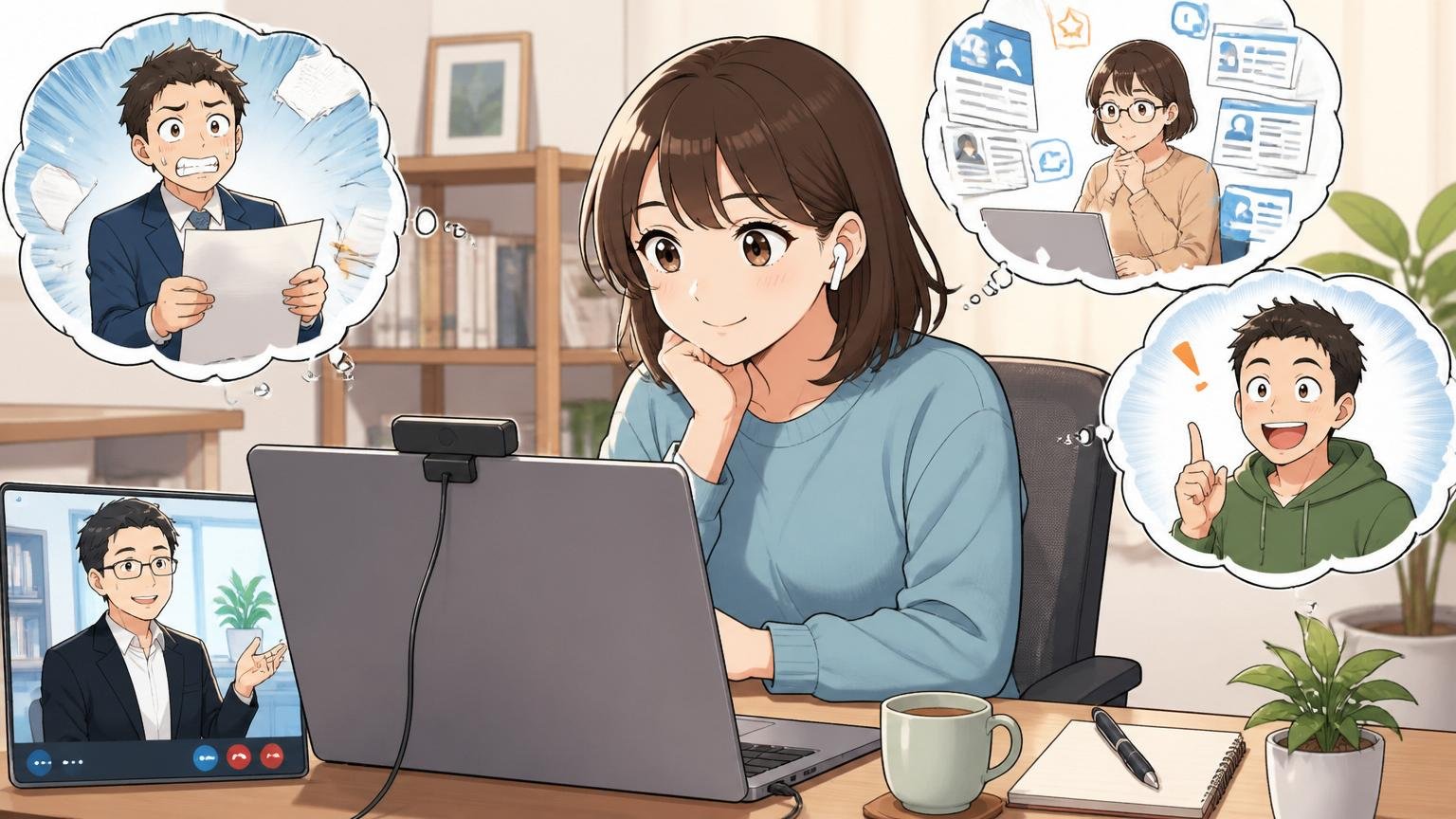 転職活動と「情報収集」は別物/自宅のデスクで30代女性エンジニアが転職エージェントのオンライン面談を受けて落ち着いた表情