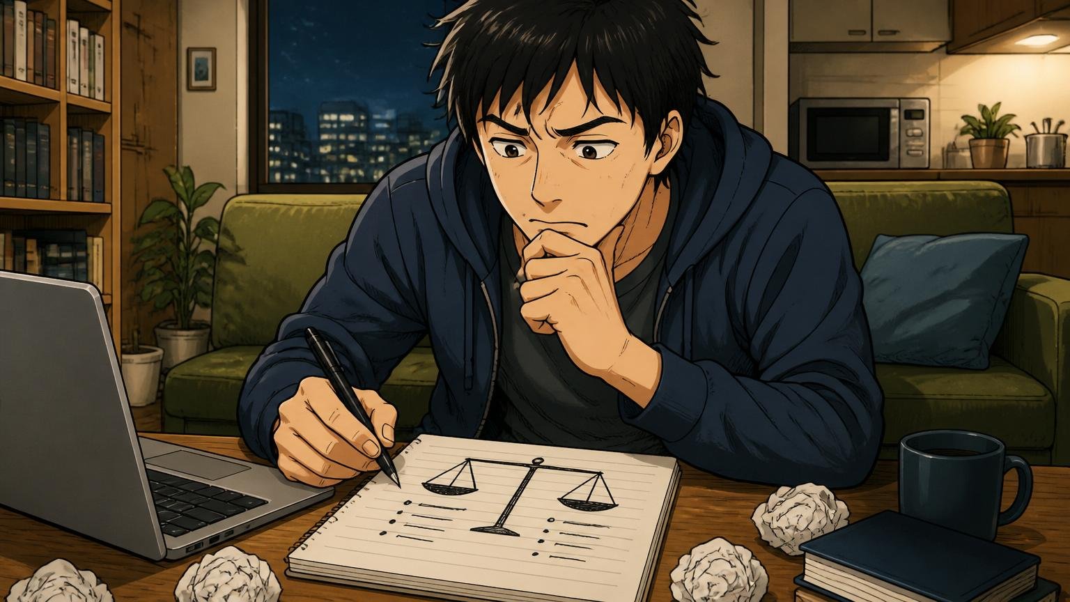 自宅のリビングで深夜にノートに天秤を描いて悩み事を整理する30代男性エンジニア