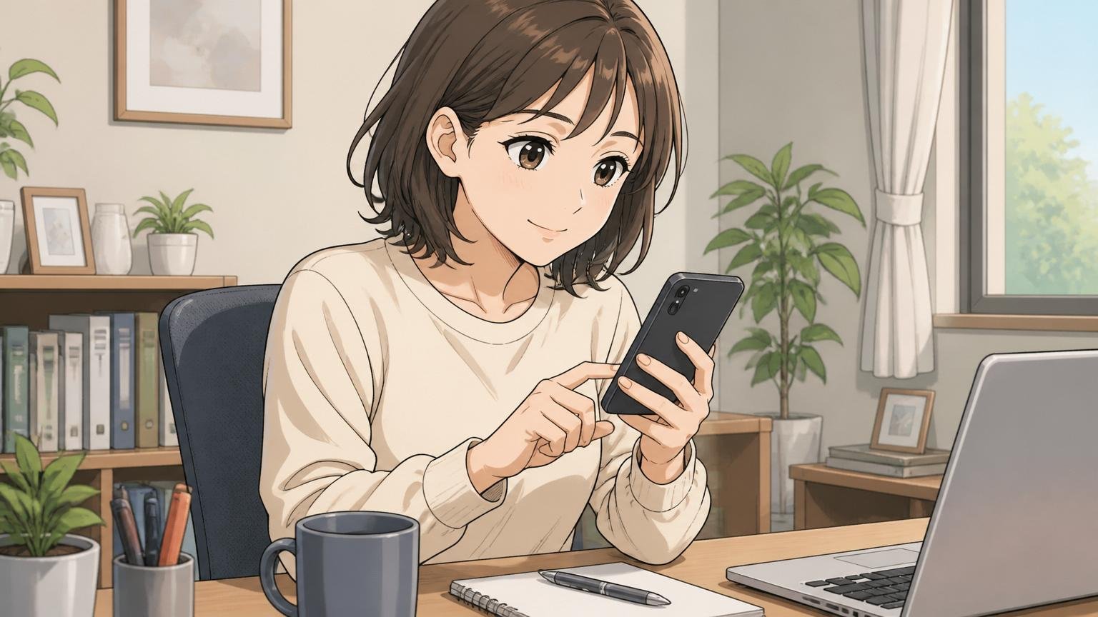 必要なのは外の市場を見る習慣 自宅のデスクでスマホで転職アプリを軽くスクロールする30代女性