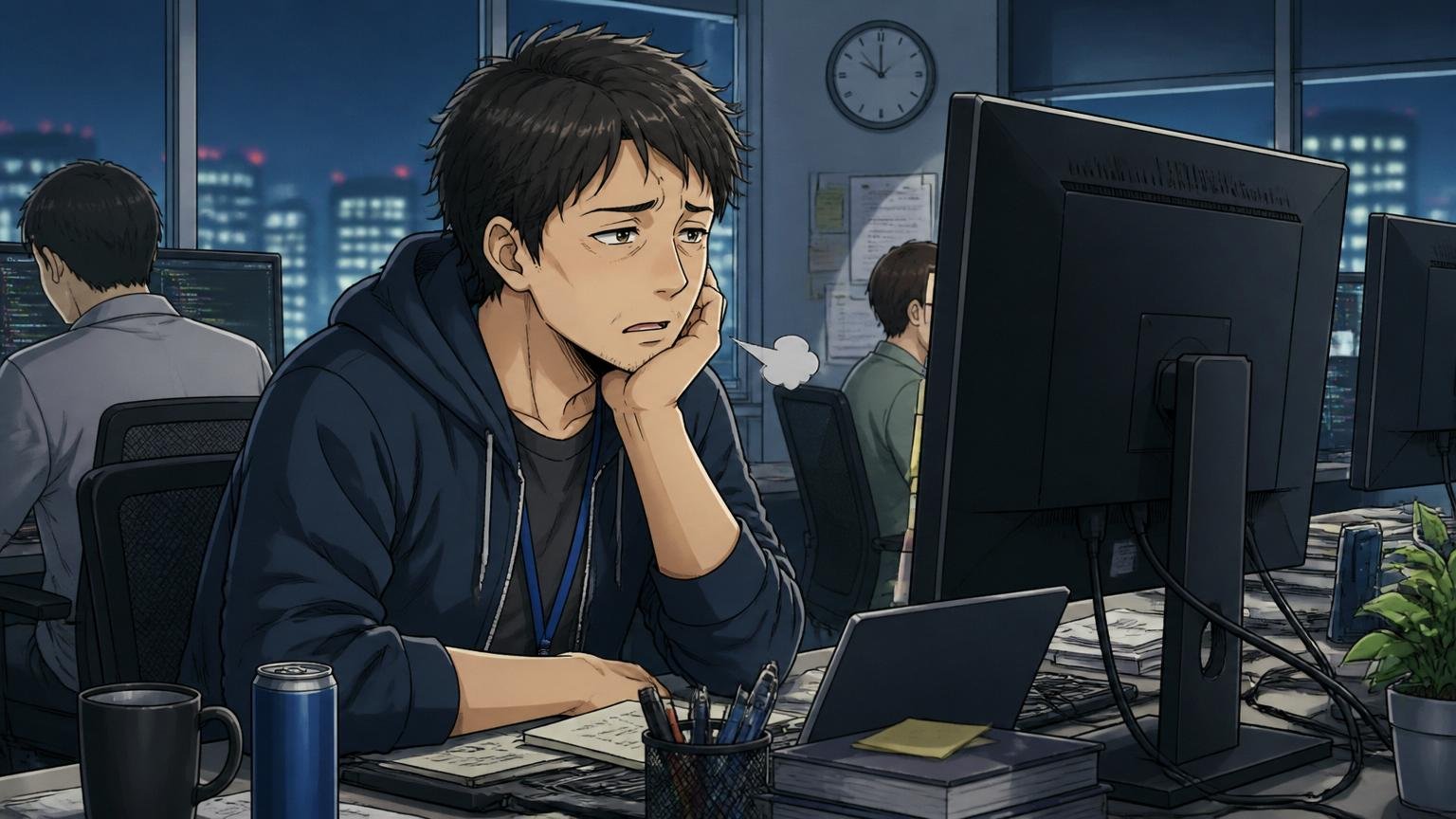 深夜のオフィスで疲れた顔のままパソコン画面を眺めて静かにため息をつく30代エンジニアの姿