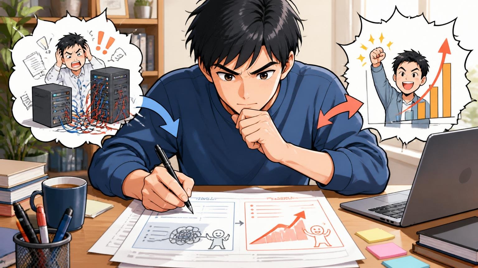 職務経歴書を「課題と解決」のストーリーで書き直す、自宅のデスクで職務経歴書を作成、エンジニア1人、書類に集中する表情