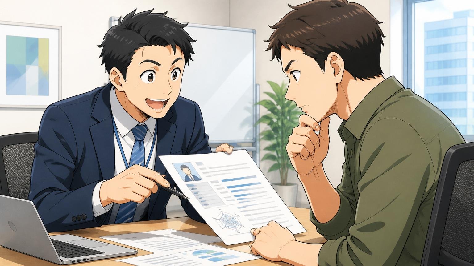 企業の会議室でIT特化型エージェントの担当者1名と転職希望の30代男性エンジニア1名がスキルシートを見ながら相談する場面