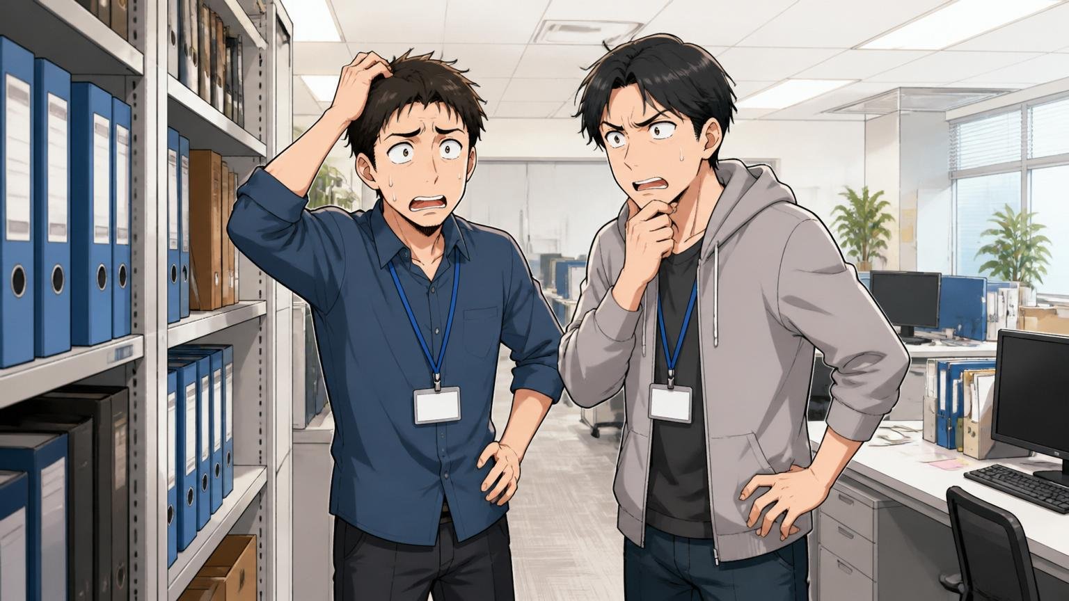都内のオフィスでマニュアルを探して困惑する30代エンジニア2名が周りに誰もいない状況で立ち尽くす