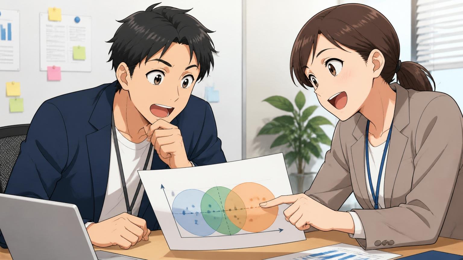 中間ゾーンの判断ポイント。企業の会議室で面接相談する30代男性エンジニアと女性キャリアアドバイザーが図を見ながら議論する