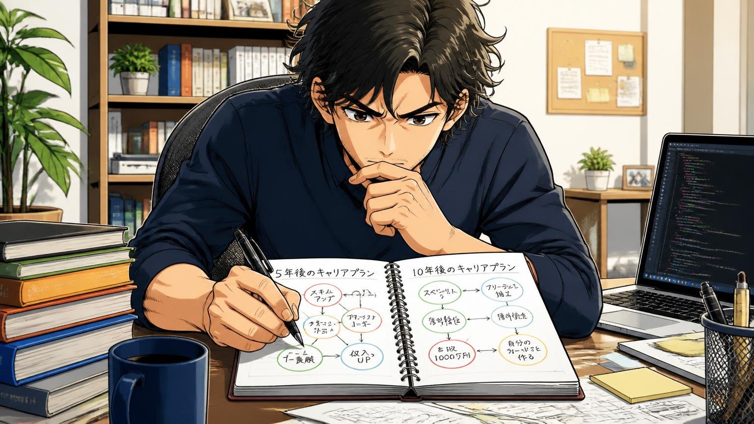 自宅のデスクで5年後10年後のキャリアプランをノートに書き出している30代エンジニアの集中した表情