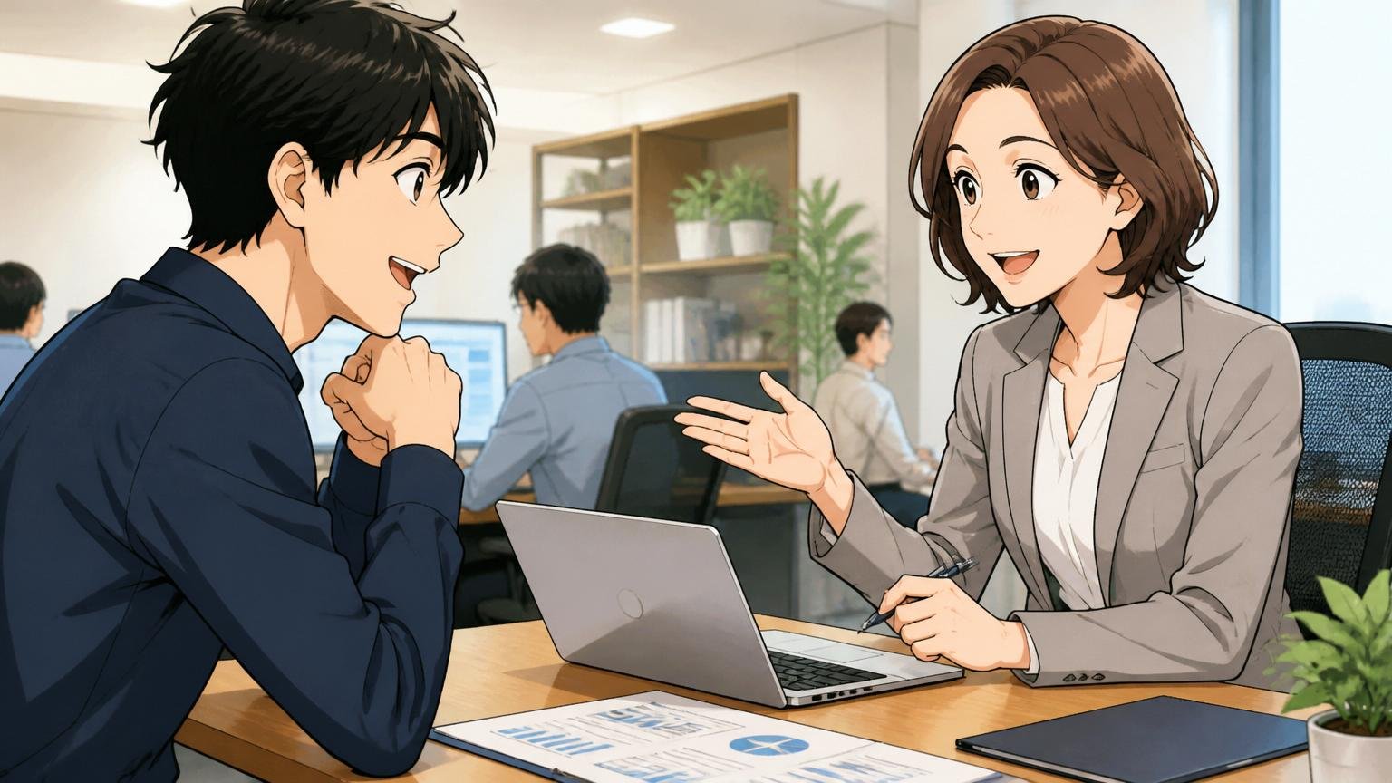 経験者向けIT特化型エージェントの無料相談を受ける転職エージェントのオフィスで30代男性エンジニアと40代女性アドバイザー