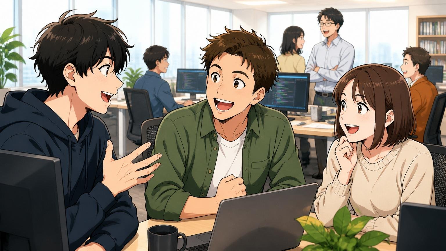 IT特化型転職エージェント本社の明るいオフィスで複数のエンジニアと並んで談笑する3人・前向きな雰囲気