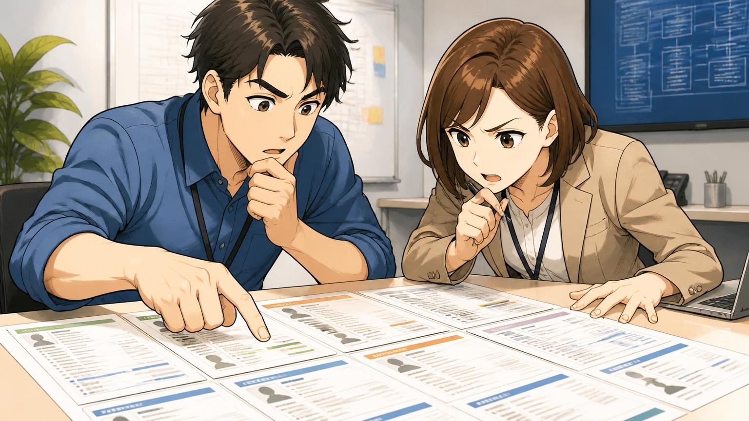 他社と比較する。SIerの会議室で30代男女エンジニア2人が複数社の求人票をテーブルに広げて比較する集中した表情