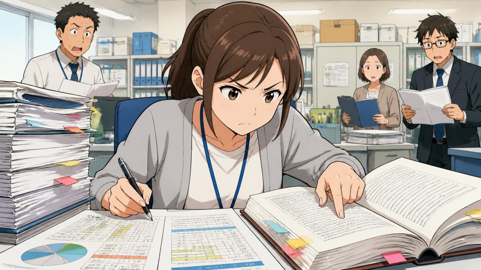 自治体の事務所で公会計の帳票と行政ルールブックを並べて分析する30代女性エンジニアが集中した真剣な表情