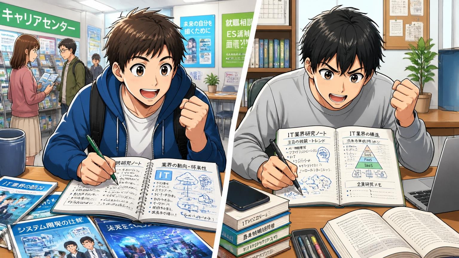 就活生・第二新卒の選択|大学のキャリアセンターと自宅デスクで就活ノートを開く若者2人がIT業界の研究中