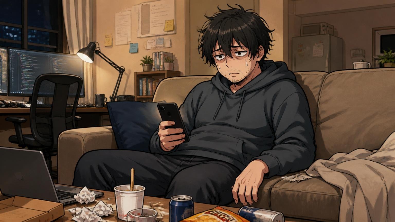 自宅のソファに座ってスマホを眺めるが操作せず動けない30代エンジニアの夜のリビング