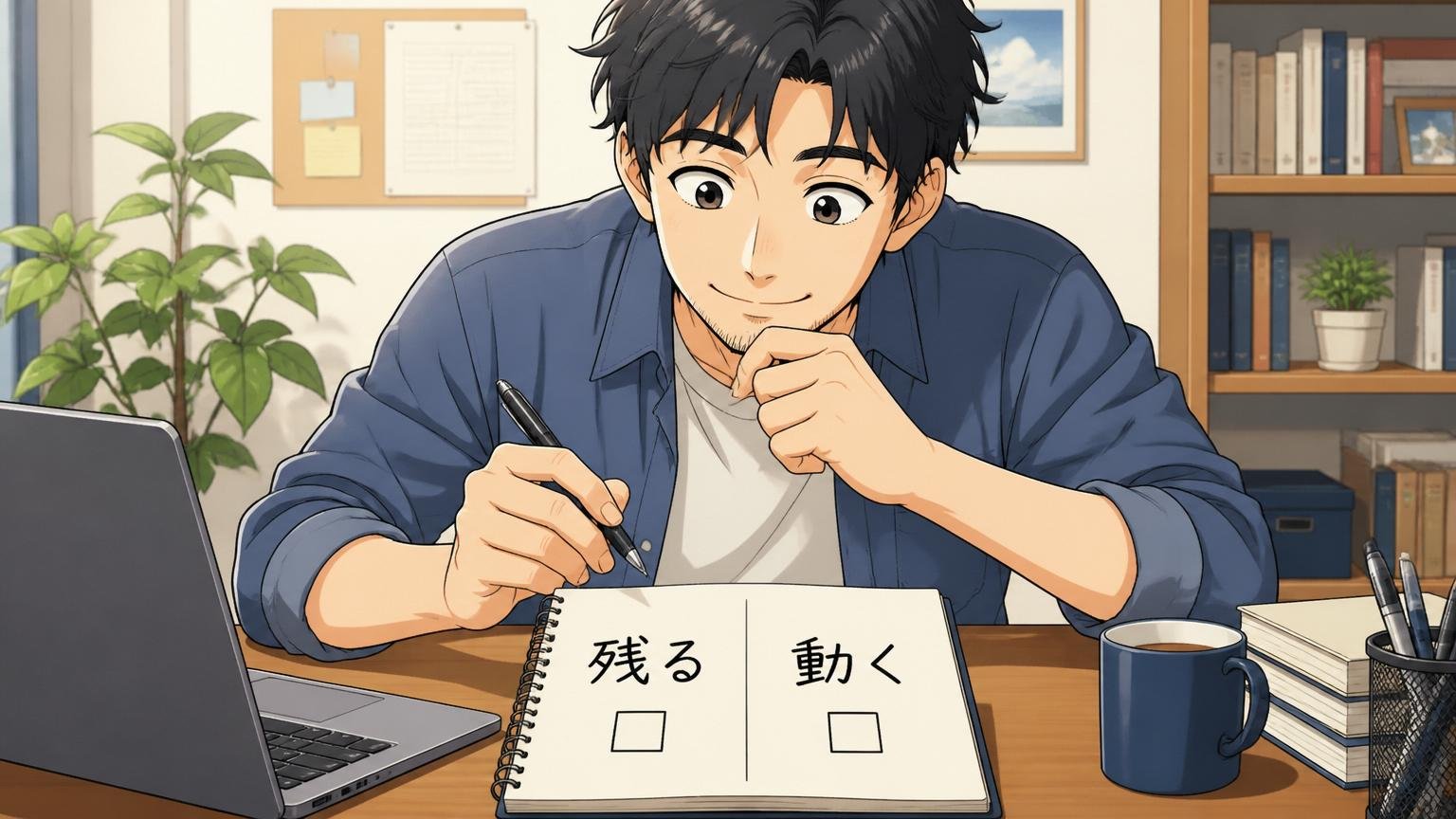 自宅のデスクで30代エンジニア1人がノートに「残る」「動く」と書いた選択肢の前で穏やかに納得した表情を見せる場面
