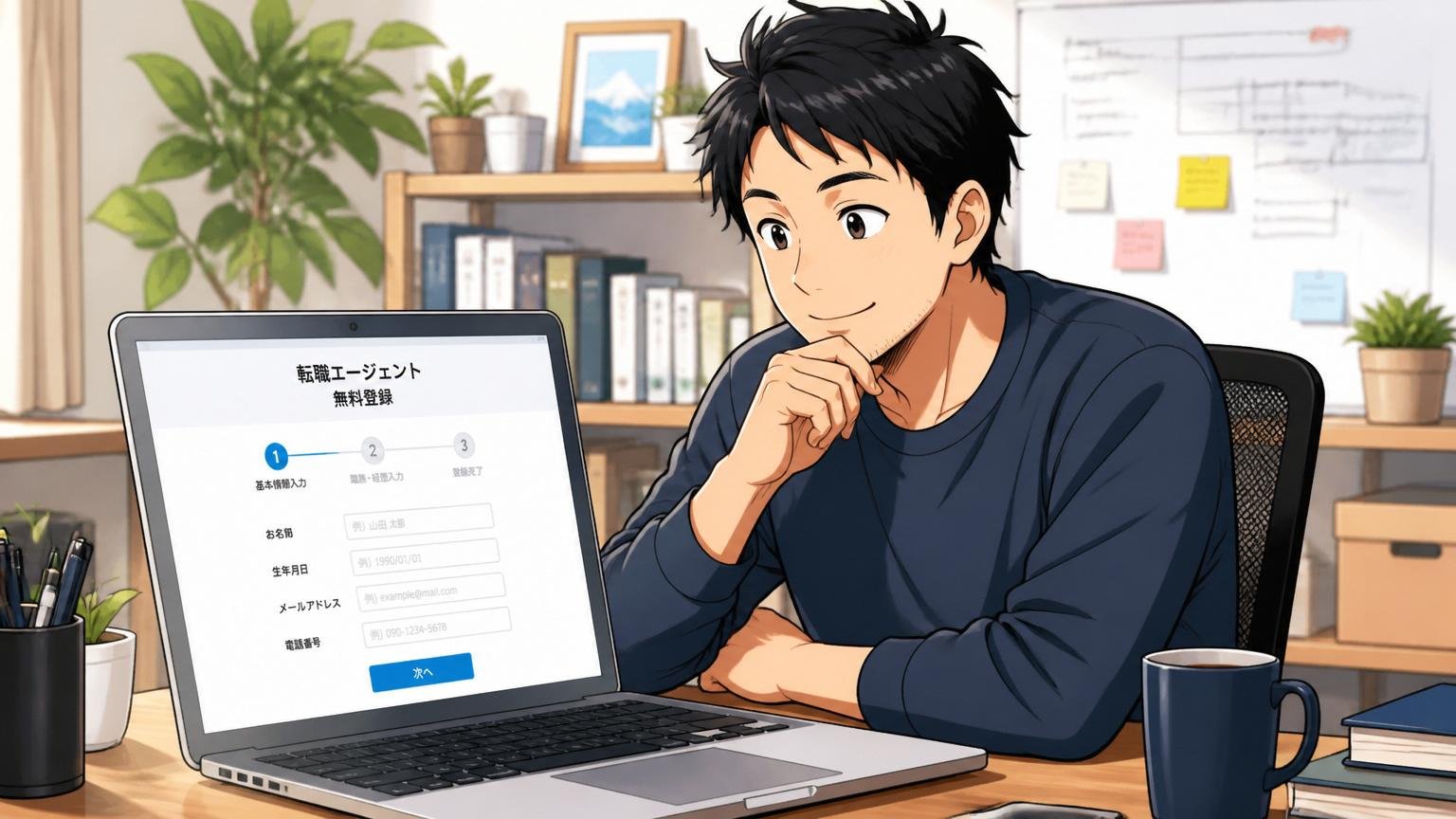自宅のデスクで30代エンジニアがリラックスした表情でラップトップを開き、転職エージェントの登録画面を眺めながら「相談するだけでもアリだな」とつぶやいている