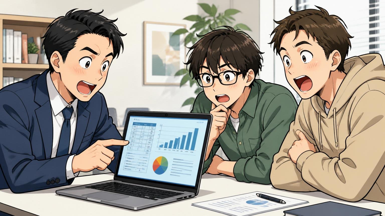 企業の打ち合わせスペースで転職エージェントと年収シミュレーションを確認するエンジニア2人