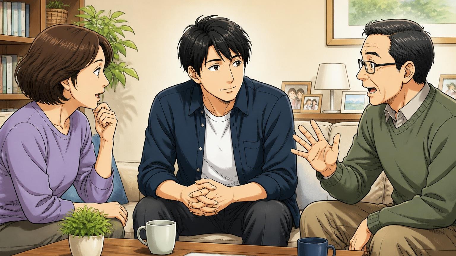 辞めるか残るかは面談を受け終わってから判断する。自宅のリビングで家族と将来を話し合う30代エンジニア1人が落ち着いた表情