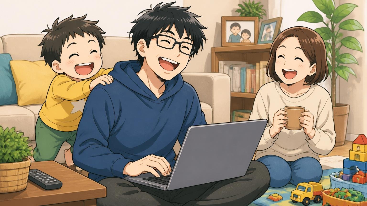 休日の自宅リビングで家族と穏やかに過ごすエンジニアが幸せそうに笑う