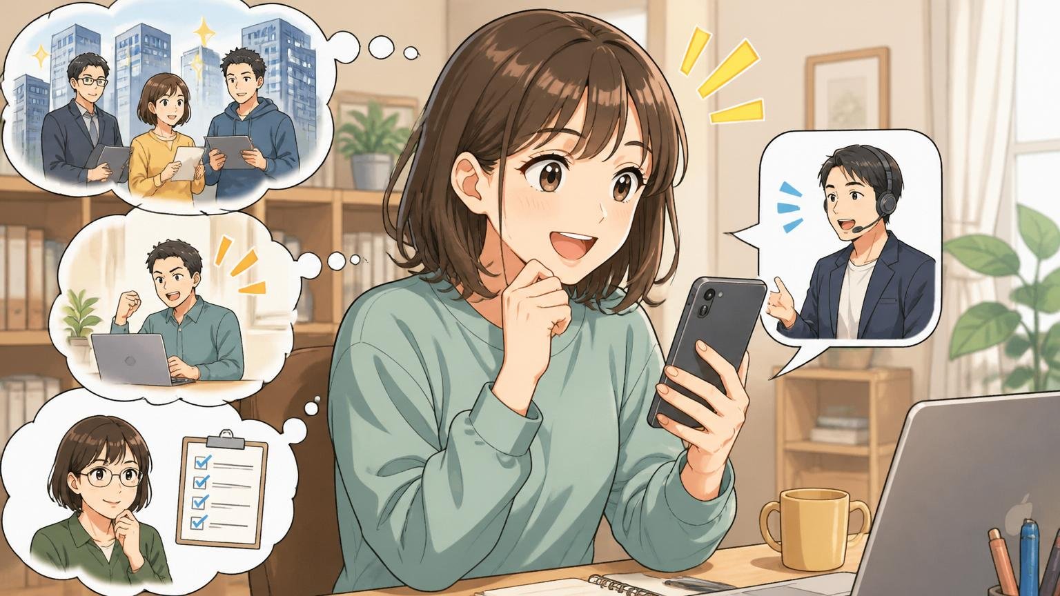 転職エージェントは情報収集の窓口として無料で使える｜自宅のデスクでスマホでエージェントと話す30代女性エンジニア1人