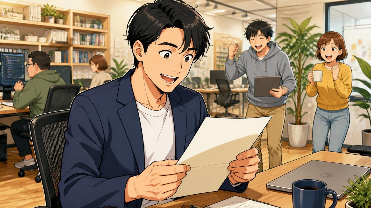 年収アップ・自社開発志向の選択肢、Web系スタートアップのオフィスで内定書類を見る30代男性、満足げな表情