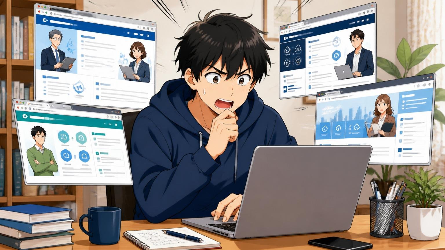 自宅のデスクで20代男性エンジニア1名がノートPCで複数のIT特化型エージェントのサイトを見比べる場面