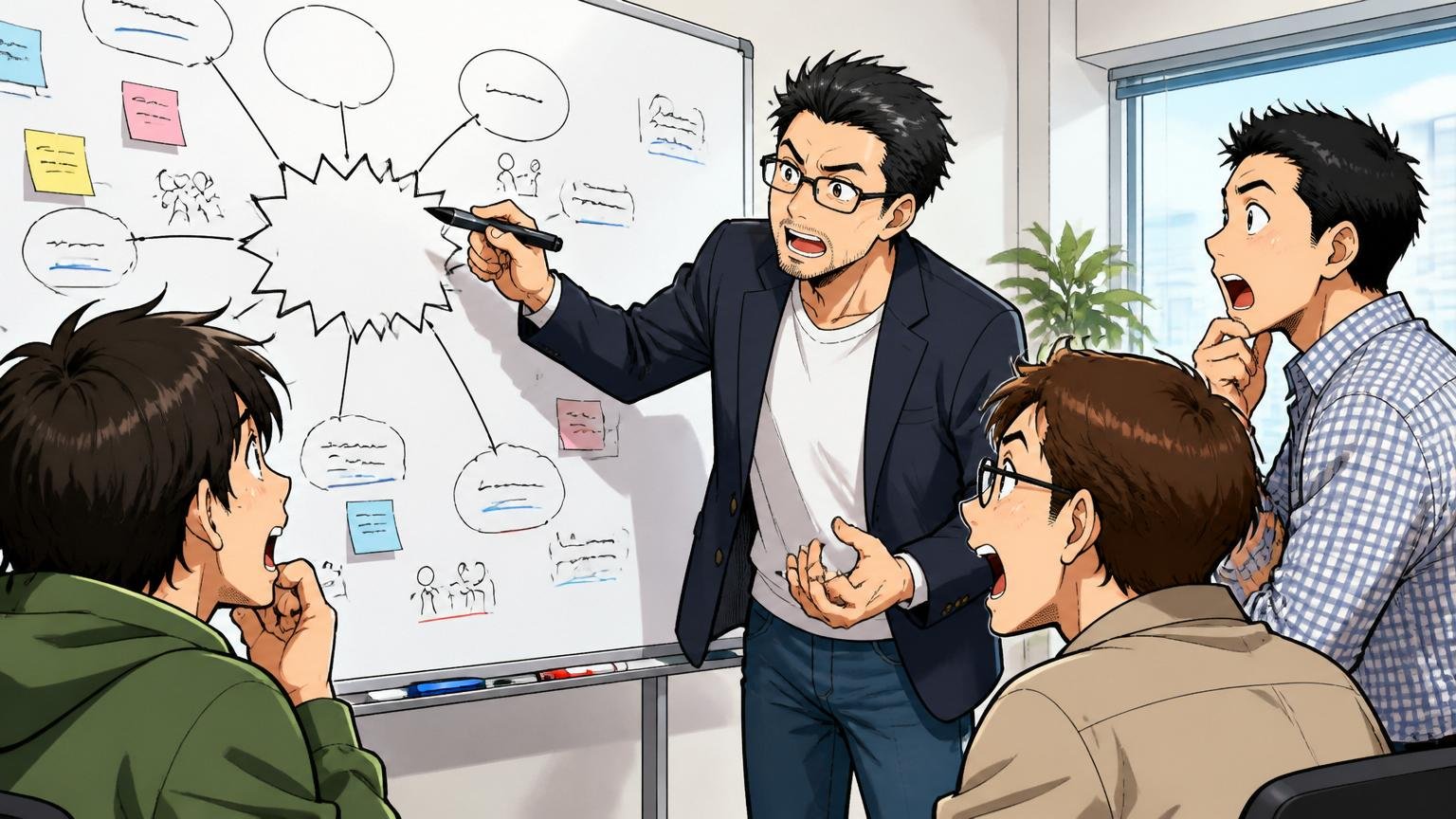 都内オフィスのホワイトボードに「やばいの正体」を整理して書き出す40代男性メンターが3名のエンジニアに説明