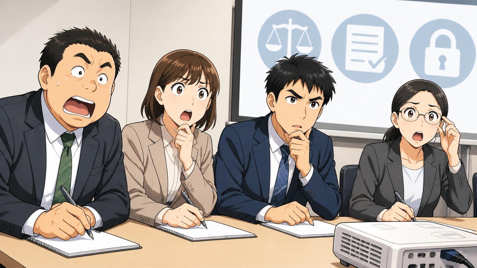 企業の会議室でコンプライアンス研修を受講する30代男女社員4人