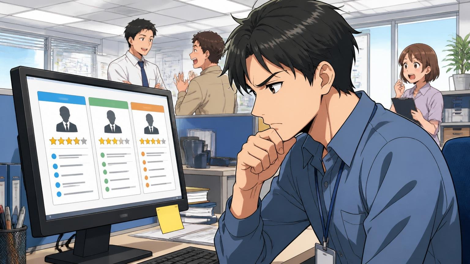 年収交渉に強いおすすめIT特化型エージェントを比較するSIerのオフィスでパソコン画面を見つめる30代男性エンジニア