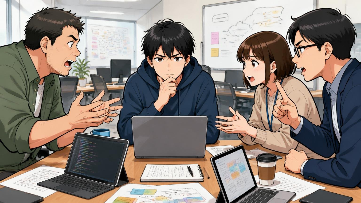 企業のオフィスで複数のエージェント担当者と並行面談するエンジニア1名と異なる視点を提示する3名の真剣な議論