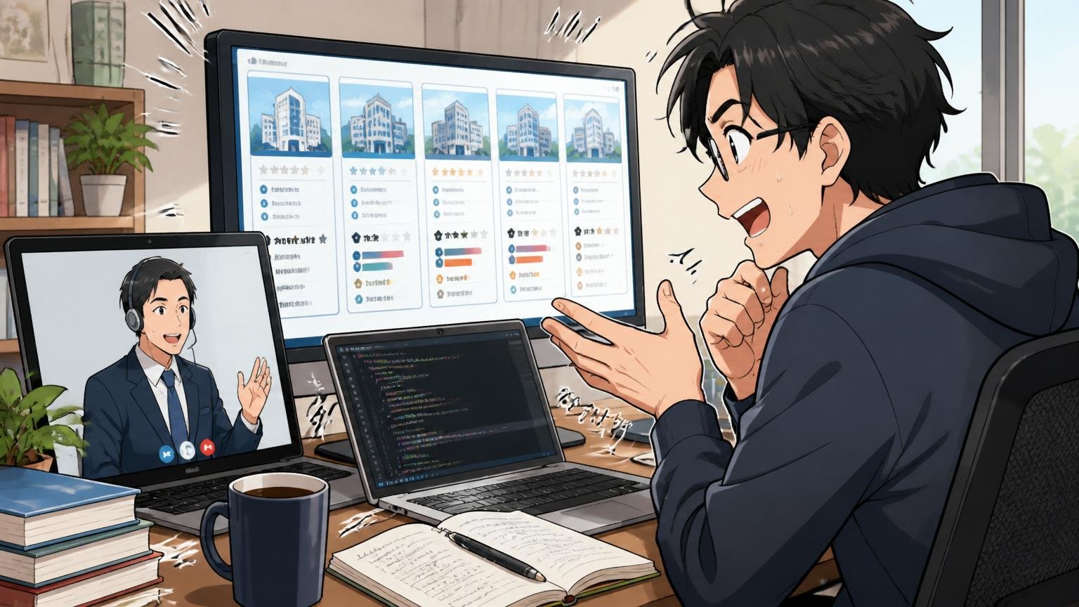 自宅のデスクで在宅勤務中にIT特化型エージェントとオンライン面談しながら他の自社開発企業を比較する30代男性エンジニア
