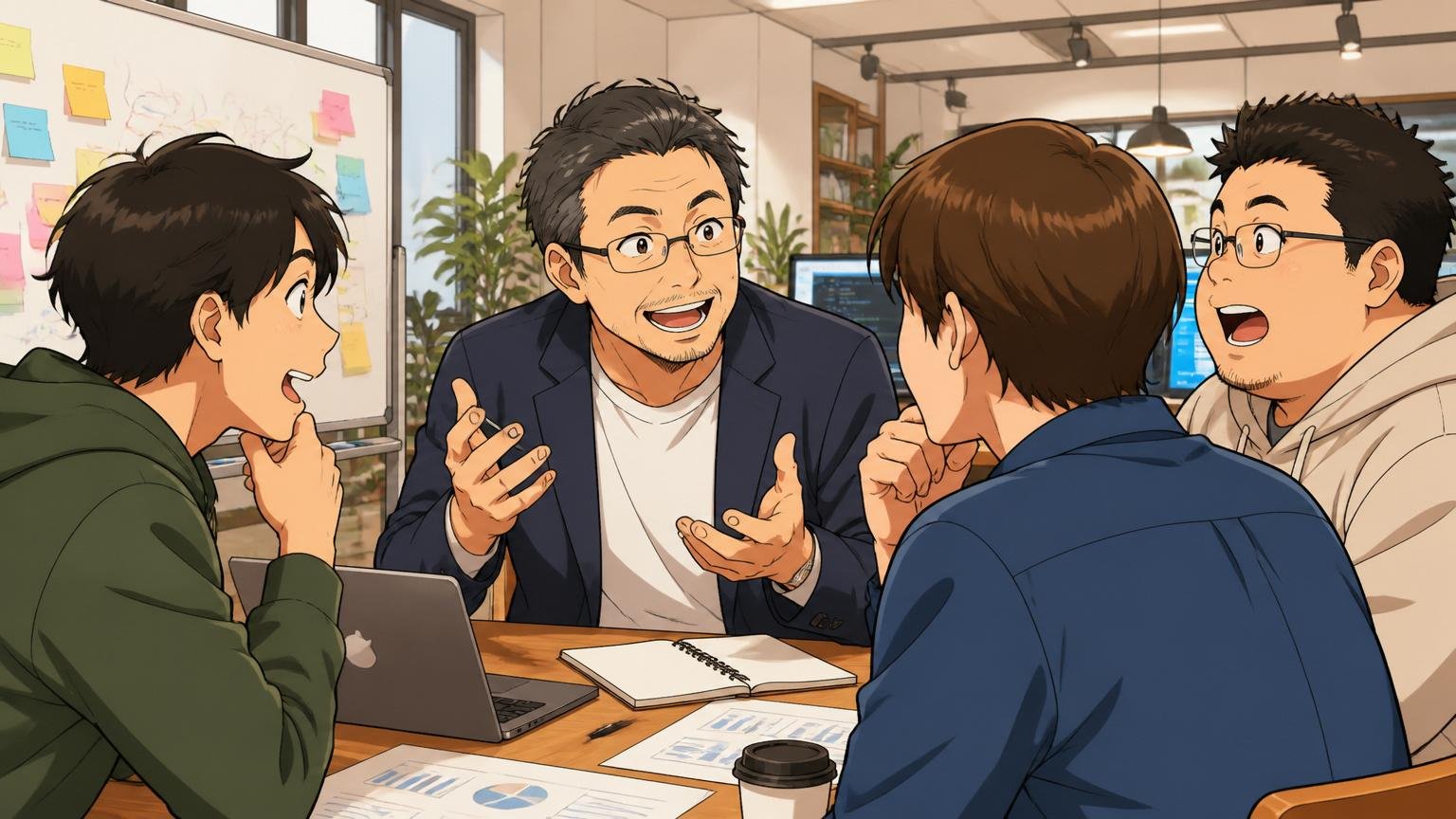 年収交渉やキャリア相談に強いIT専門エージェント、Web系スタートアップのオフィスでベテランアドバイザーが3名のエンジニアに丁寧に対応