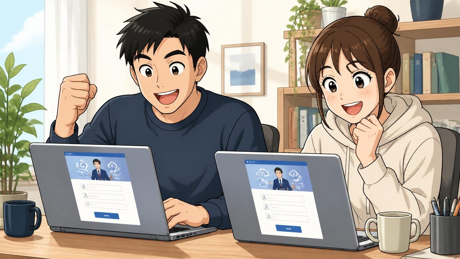 客先常駐から次に進む人の最初の1ステップ。自宅のデスクで男性社員1人と女性社員1人がそれぞれノートPCでIT特化型エージェントの登録ページを見ながら前向きな表情をしている