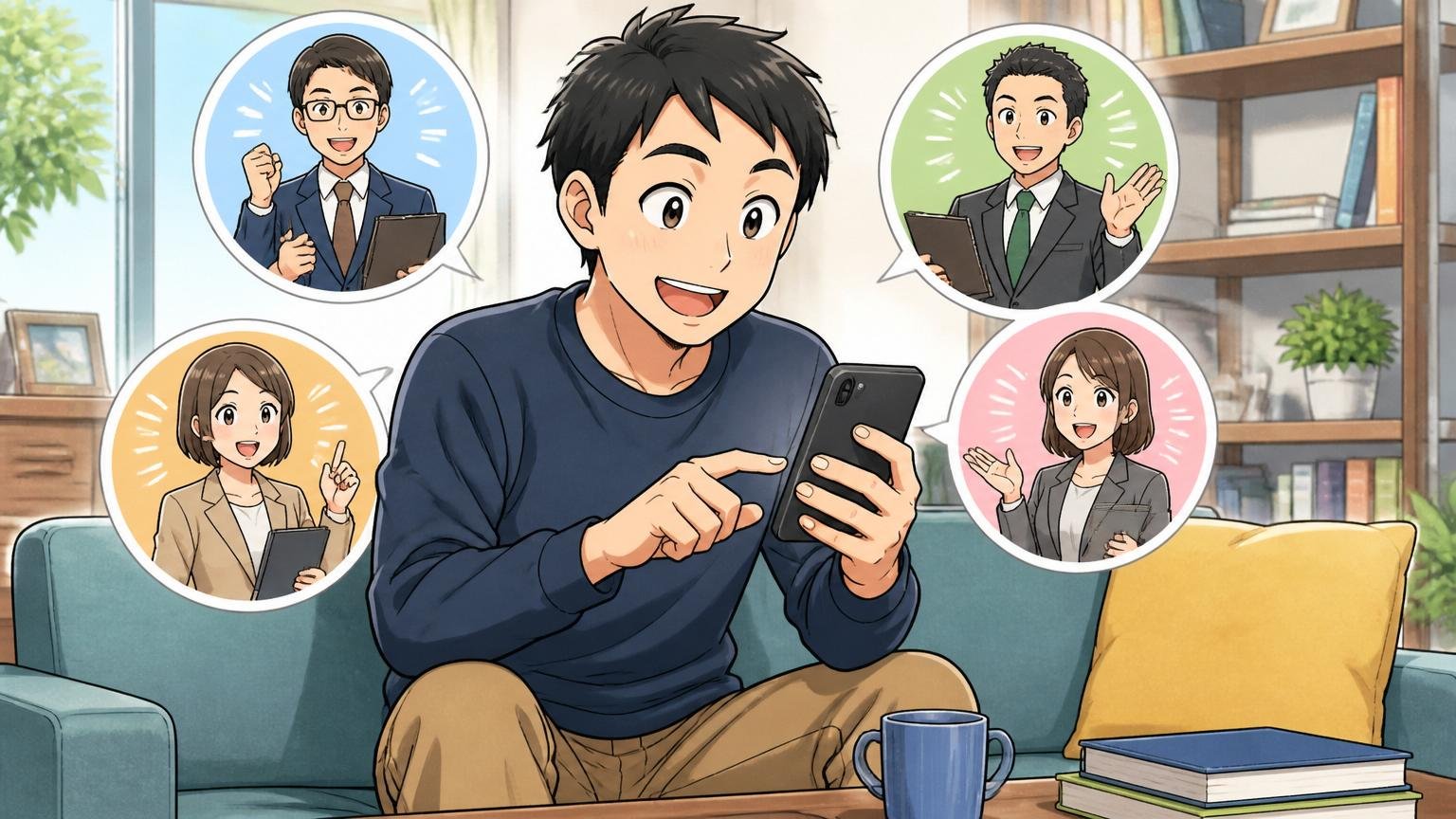 スマホで複数の転職エージェントに無料登録する在職中エンジニア。自宅のリビングのソファで30代男性1人、リラックスした表情