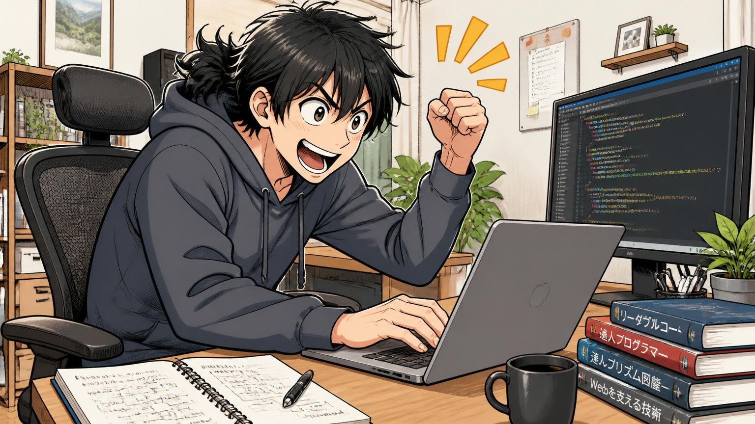 自宅のデスクで在宅勤務するエンジニアが副業のコードを書いている