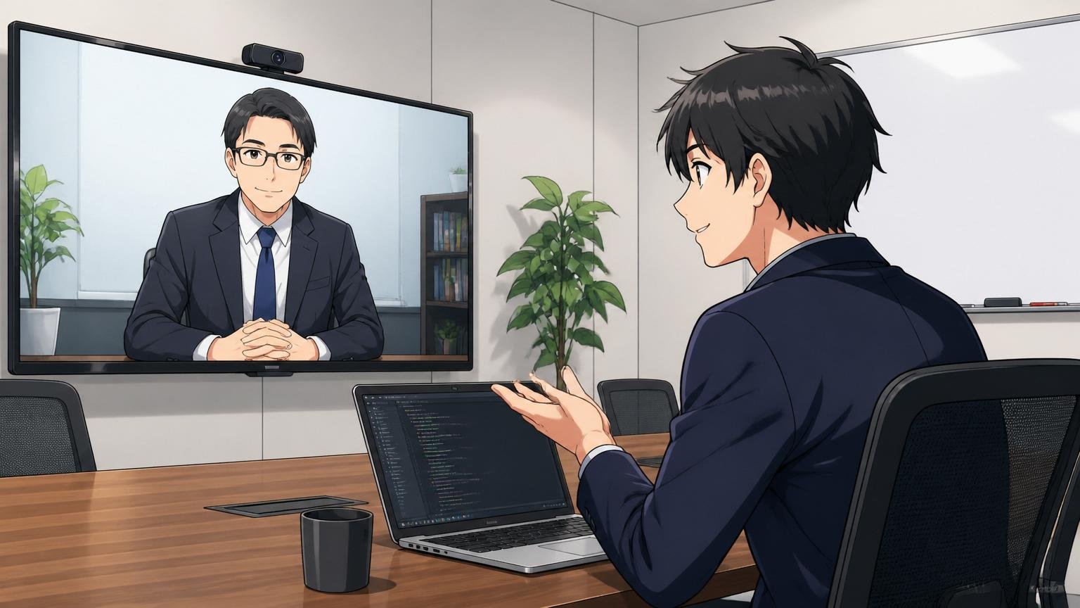 企業の会議室で30代男性エンジニアがオンライン面接を受けている、画面の中の面接官に落ち着いた表情で答えている