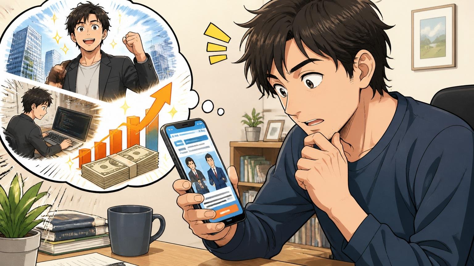 「市場価値を知る」が最優先と気づく場面、自宅のデスクで30代エンジニアがスマホで転職エージェントのページをそっと開く