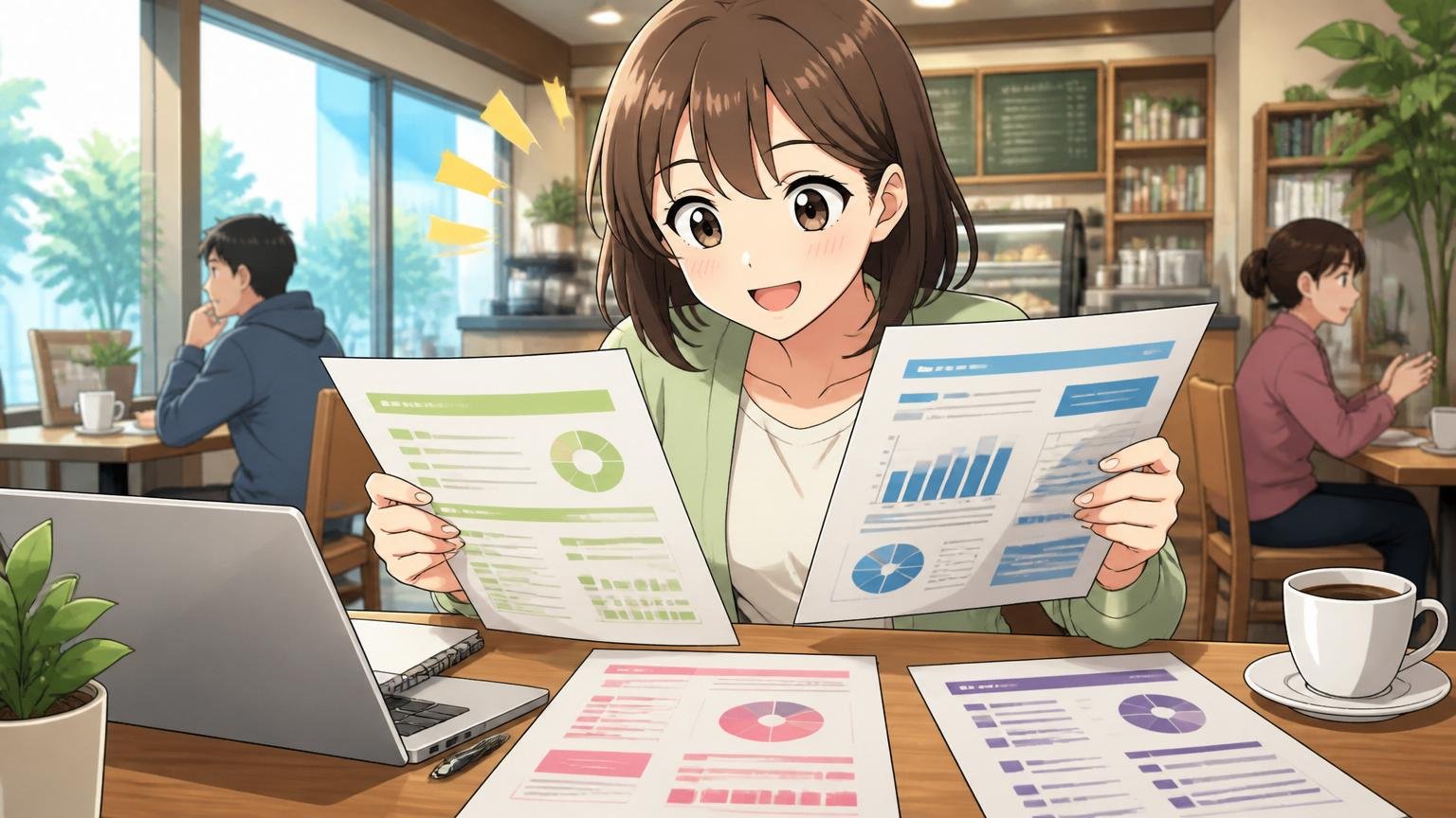 転職エージェントはIT特化型を軸に複数比較する。カフェで複数の資料を見比べる女性、納得した表情