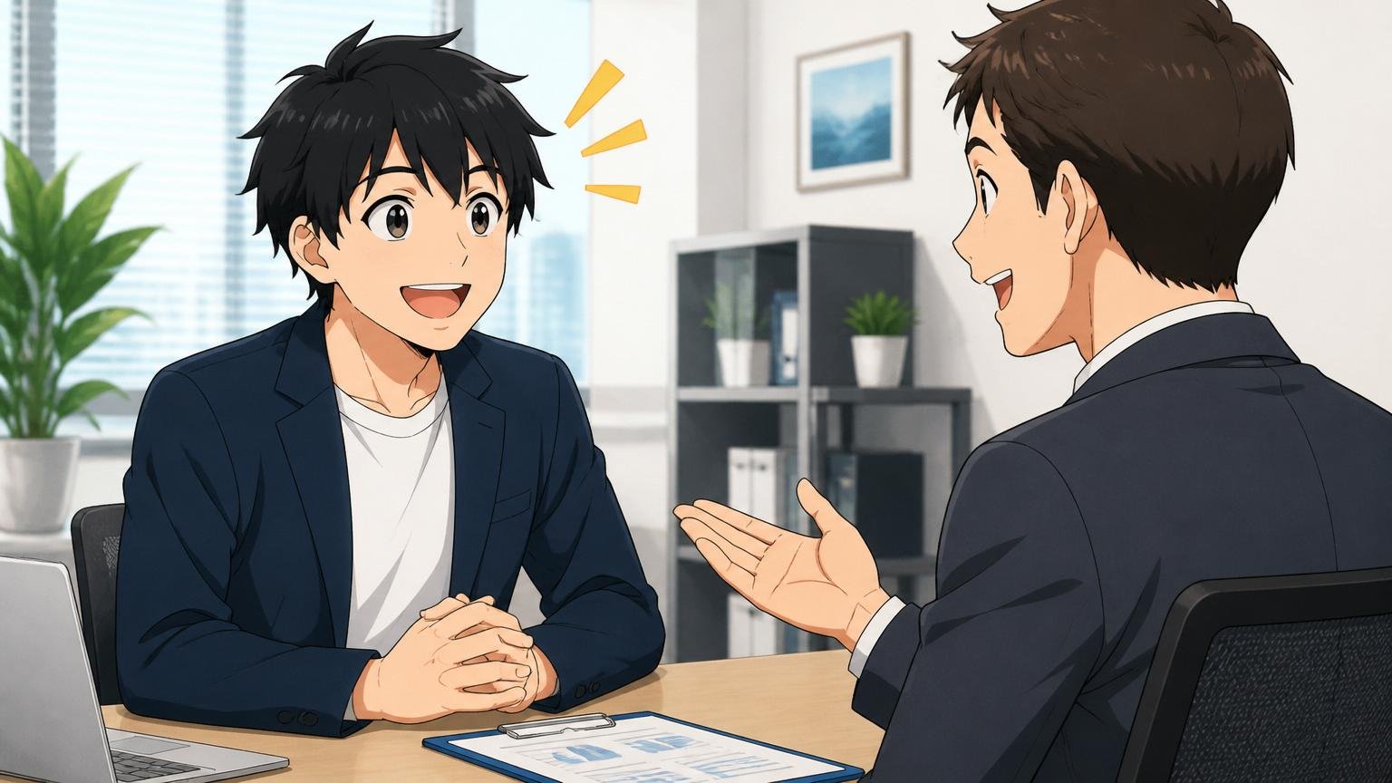 年収アップに強いIT特化型エージェントから無料で相談してみよう。男性がエージェントに笑顔で相談する