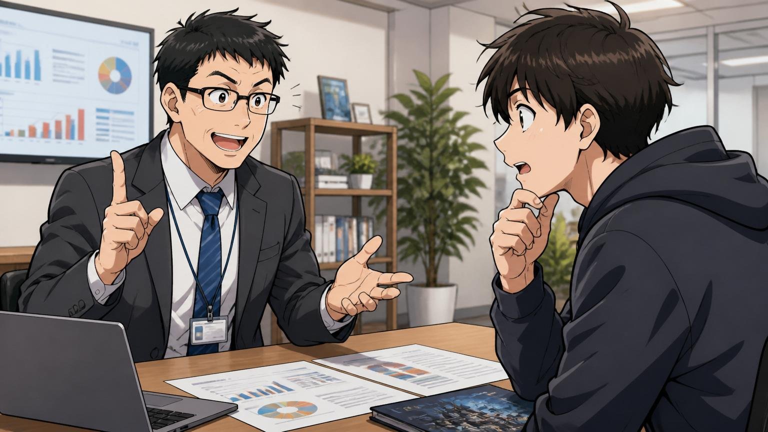 企業の面談スペースでIT専門のキャリアアドバイザーとゲーム出身エンジニアが市場価値について相談する2人